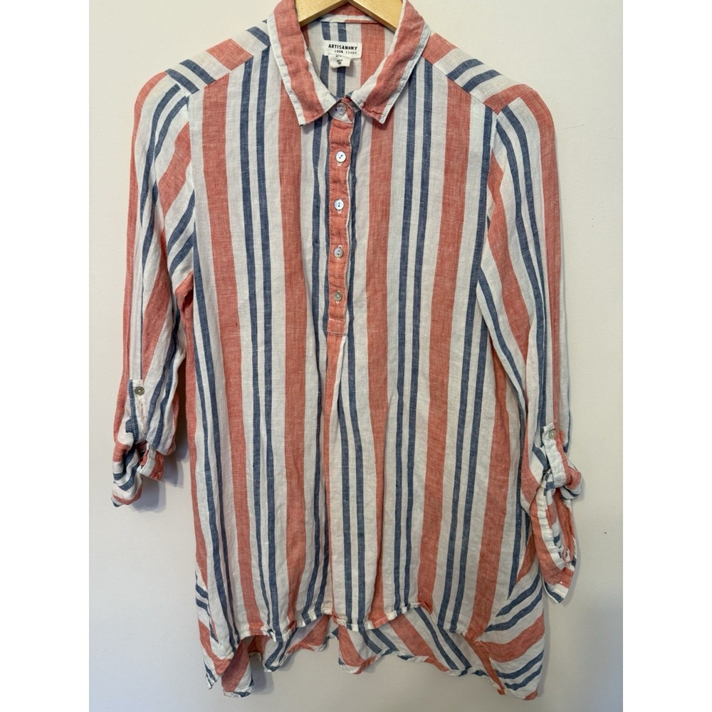 Artisan NY Women‎ Linen Tunic Popover Shirt S Stripe Sunwashed Colors Roll Tab